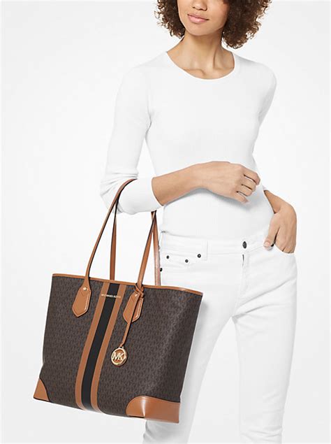 michael kors tas black with white stripes|Eva Large Signature Logo Stripe Tote Bag .